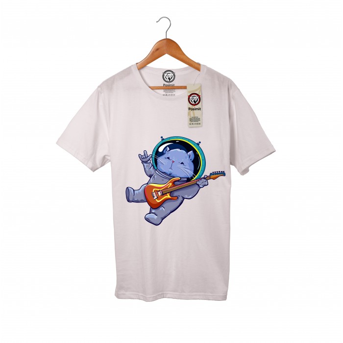 1192 Pamuklu Tshirt Gitarcı Astronot Kedi